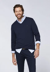 Polo Sylt Strickpullover mit V-Neck und Stickerei Dunkelblau/Blau