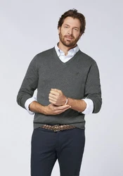 Polo Sylt Strickpullover mit V-Neck und Stickerei Dunkelgrau/Grau/Hellgrau