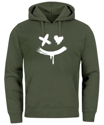 Neverless Hoodie Herren Bedruckt Techwear Fashion Streetstyle Smiling Face Dunkelgrün/Grün