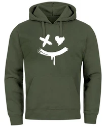 Neverless Hoodie Herren Bedruckt Techwear Fashion Streetstyle Smiling Face Dunkelgrün/Grün