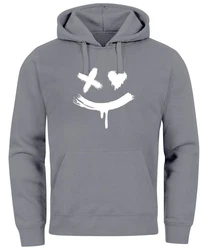 Neverless Hoodie Herren Bedruckt Techwear Fashion Streetstyle Smiling Face Grau/Hellgrau/Dunkelgrau