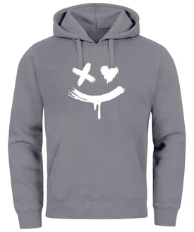 Neverless Hoodie Herren Bedruckt Techwear Fashion Streetstyle Smiling Face Grau/Hellgrau/Dunkelgrau