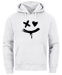 Neverless Hoodie Herren Bedruckt Techwear Fashion Streetstyle Smiling Face Weiß/Grau/Dunkelgrau/Hellgrau/Schwarz