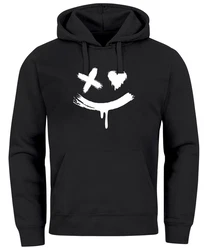 Neverless Hoodie Herren Bedruckt Techwear Fashion Streetstyle Smiling Face Schwarz