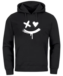 Neverless Hoodie Herren Bedruckt Techwear Fashion Streetstyle Smiling Face Schwarz
