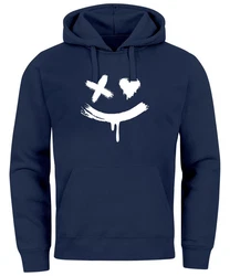 Neverless Hoodie Herren Bedruckt Techwear Fashion Streetstyle Smiling Face Dunkelblau/Blau