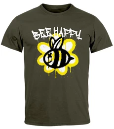 Print-Shirt Herren T-Shirt Aufdruck Bee Happy Biene Blume Graffiti mit Print