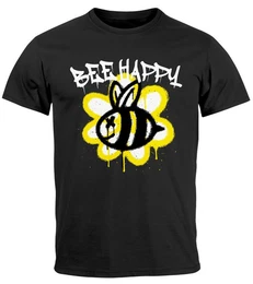 Print-Shirt Herren T-Shirt Aufdruck Bee Happy Biene Blume Graffiti mit Print
