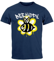 Print-Shirt Herren T-Shirt Aufdruck Bee Happy Biene Blume Graffiti mit Print