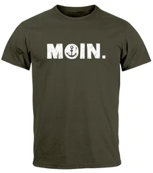 Neverless Herren T-Shirt Schriftzug Moin Dialekt Norden Hamburg Anker Dunkelgrün/Grün/Beige
