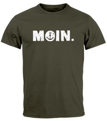 Neverless Herren T-Shirt Schriftzug Moin Dialekt Norden Hamburg Anker Dunkelgrün/Grün/Beige
