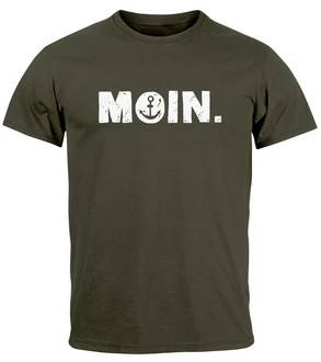 Neverless Herren T-Shirt Schriftzug Moin Dialekt Norden Hamburg Anker Dunkelgrün/Grün/Beige