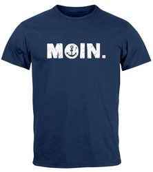 Neverless Herren T-Shirt Schriftzug Moin Dialekt Norden Hamburg Anker Hellblau/Dunkelblau/Blau