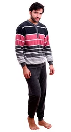 Pyjama Herren Frottee Pyjama mit Knopfleiste, Schlafanzug in Streifen-Optik