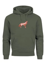 Neverless Hoodie Herren Wolf Polygon Print Dunkelgrün/Braun