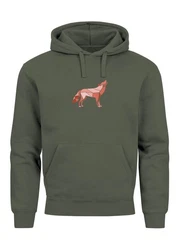 Neverless Hoodie Herren Wolf Polygon Print Dunkelgrün/Braun