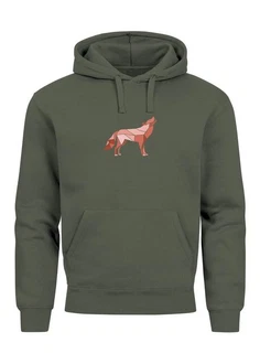 Neverless Hoodie Herren Wolf Polygon Print Dunkelgrün/Braun Neverless Hoodie Herren Wolf Polygon Print Dunkelgrün/Braun
