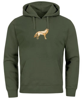 Neverless Hoodie Herren Polygon Wolf Geometrie Motiv Dunkelgrün/Braun Neverless Hoodie Herren Polygon Wolf Geometrie Motiv Dunkelgrün/Braun