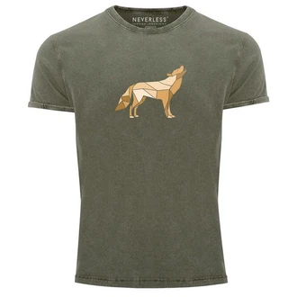 Neverless Print-Shirt Herren Vintage Shirt Aufdruck Wolf Polygon Geometrie Outdoor