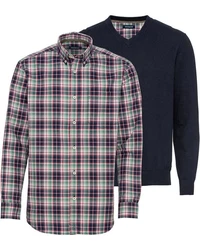 Highmoor Langarmhemd Set V-Pullover & Karohemd Hellblau/Dunkelblau/Dunkelgrün