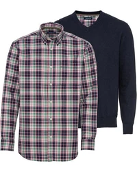 Highmoor Langarmhemd Set V-Pullover & Karohemd Hellblau/Dunkelblau/Dunkelgrün