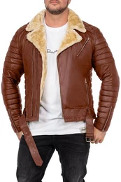 Lederjacke Herren Bikerjacke RS008LUX - Cognac - Silver Zipper XL gefttert mit Steppmustern