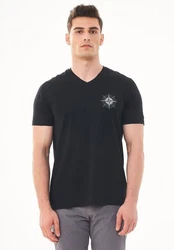 ORGANICATION T-Shirt Herren V-Ausschnitt Bedruckt Schwarz