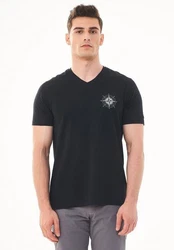 ORGANICATION T-Shirt Herren V-Ausschnitt Bedruckt Schwarz