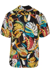URBAN CLASSICS Kurzarmhemd Urban Classics Herren Viscose AOP Resort Shirt Mischfarben/Gelb/Grau/Schwarz