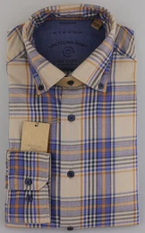 Klassische Bluse MODERN FIT UPCYCLING SHIRT Langarm Hemd blau-beige kariert