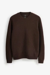Next Rundhalspullover Premium Regular Fit Lambswool Dunkelbraun/Braun/Dunkelgrün