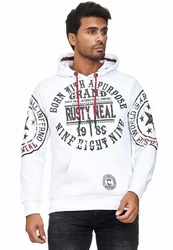 Rusty Neal Kapuzensweatshirt mit Markenprints Weiß/Türkis/Dunkelrot