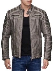 Redbridge Herren Jacke Übergangsjacke Biker Lederjacke Echtleder mit gesteppten Bereichen Grau