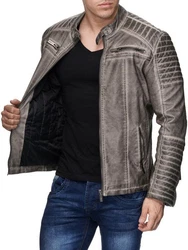 Redbridge Herren Jacke Übergangsjacke Biker Lederjacke Echtleder mit gesteppten Bereichen Grau