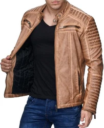 Redbridge Herren Jacke Übergangsjacke Biker Lederjacke Echtleder mit gesteppten Bereichen Camel
