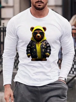 RMK Langarmshirt Herren Longsleeve Rundhals Basic Gangster Teddybr Braun/Gelb/Weiß