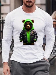 Langarmshirt Herren Longsleeve T-Shirt Langarm Rundhals Basic Gangster Teddybr aus Baumwolle