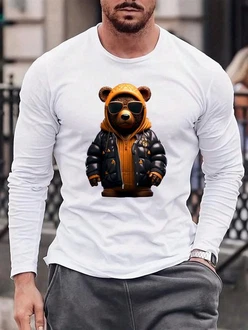 RMK Langarmshirt Herren Longsleeve Rundhals Basic Gangster Teddybr Braun/Weiß