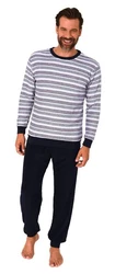 Normann Pyjama Herren langarm Frottee Schlafanzug Dunkelblau/Grau