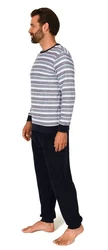 Normann Pyjama Herren langarm Frottee Schlafanzug Dunkelblau/Grau