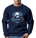 Neverless Herren Sweatshirt Aufdruck Panda Br Techno DJ Musik Dunkelblau/Braun/Blau/Hellblau