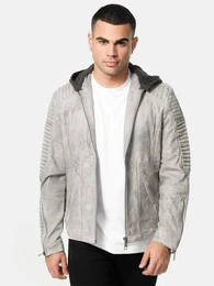 Lederjacke A800 Biker-Look mit abnehmbarer Kapuze