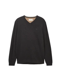 Strickpullover basic v-neck knit, Black Grey Melange