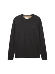 Strickpullover basic crewneck knit, Black Grey Melange