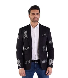 Jerseysakko Herren Sakko mit Strass veredelt Totenkopf Sakko Schwarz 50