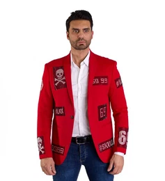 Jerseysakko Herren Sakko mit Strass veredelt Totenkopf Sakko Rot 52