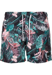 URBAN CLASSICS Badeshorts PatternSwim Shorts Dunkelgrün/Rosa/Grün