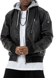 Lederimitatjacke Bomberjacke mit abnehmbarer Kapuze
