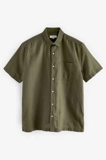 Next Kurzarmhemd aus Leinengemisch Dunkelgrün/Grün/Khaki