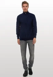 Rusty Neal Strickjacke mit Stehkragen Dunkelblau/Blau/Hellblau